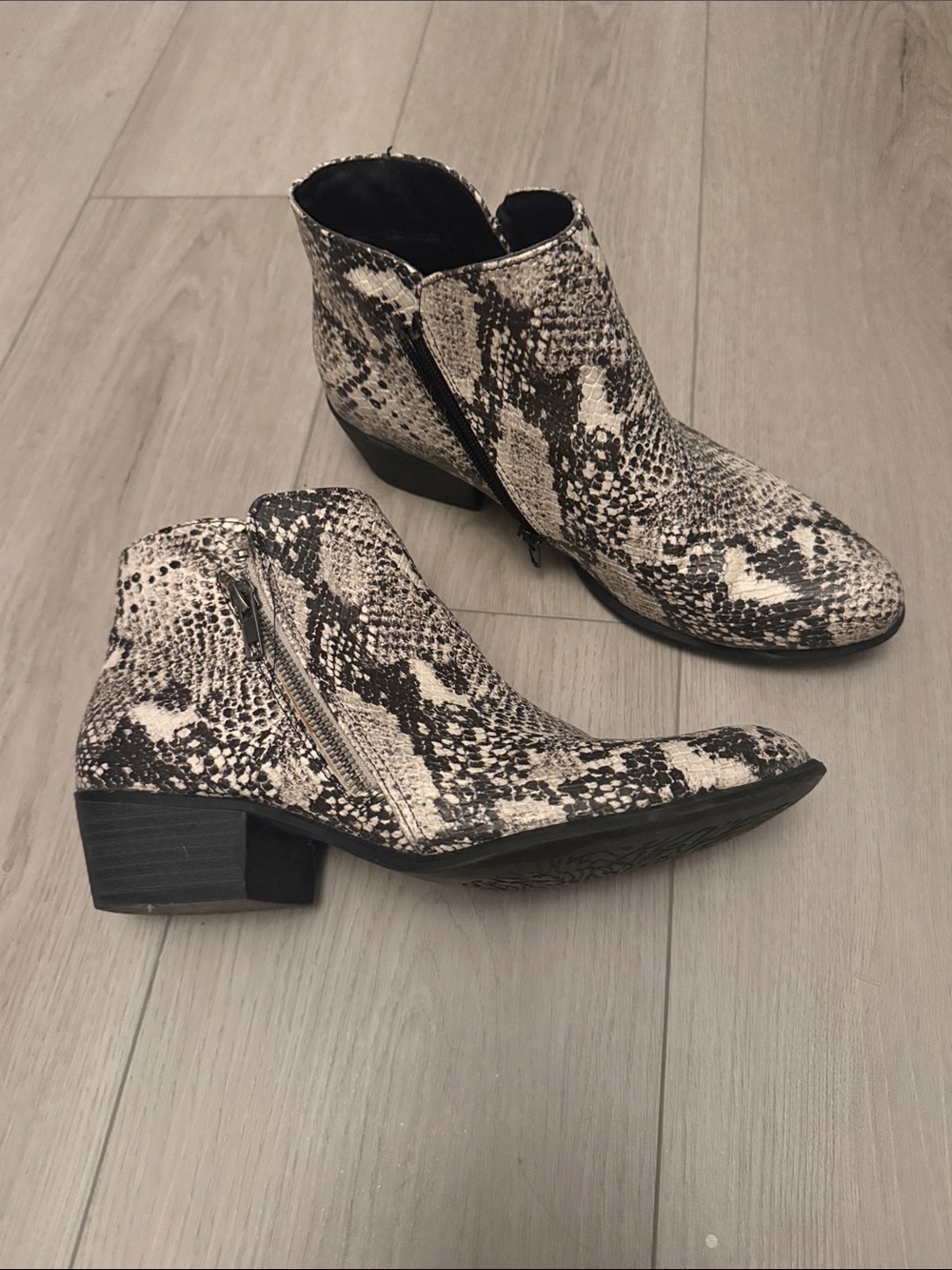 UNIONBAY Snake-Print Ankle Booties in Black and Cream